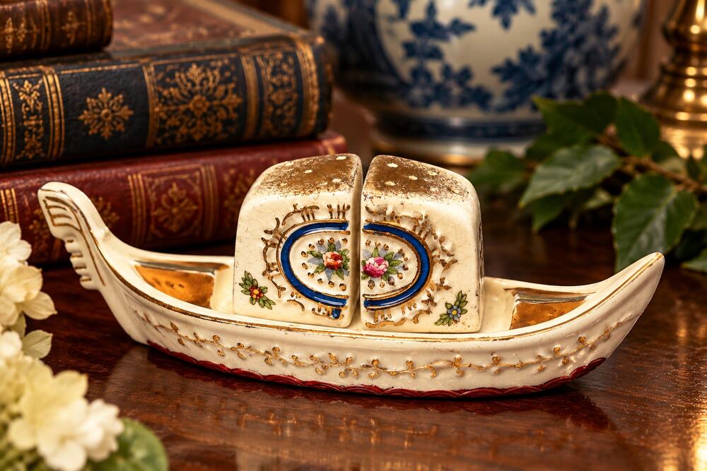Vintage Floral Salt Pepper Shakers w Ceramic Gondola Boat Holder Japan Style